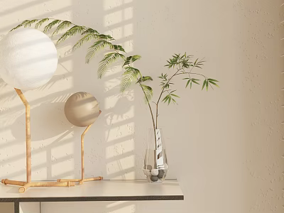 Elegant Table Lamp With Wooden Stand Spherical Lampshade Green Plants And Light Shadows On Tabletop 3d model