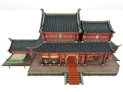 Traditional Chinese Ancient Architecture Red Wooden Structure With Black Tiled Roof And Red Stone Steps 3d model
