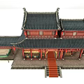 Traditional Chinese Ancient Architecture Red Wooden Structure With Black Tiled Roof And Red Stone Steps