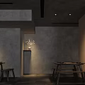 Modern Restaurant Interior With Gray Walls Wooden Cabinets Vase Warm Lighting And Tile Floor