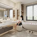 Modern Bathroom Interior With Large Mirror Freestanding Bathtub Window Blinds Marble Floor And Vanity