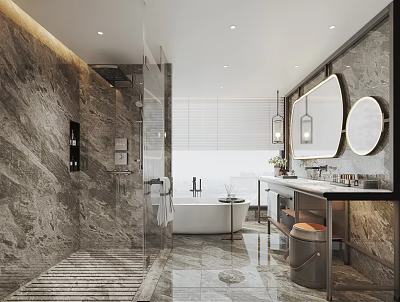 Elegant Modern Hotel Bathroom With Marble Walls Bathtub Double Round Mirrors And Pendant Lights 3d model