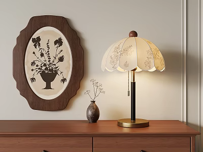 Elegant Table Lamp With Beige Floral Lampshade Gold Base On Wooden Dresser And Oval Wall Art 3d model