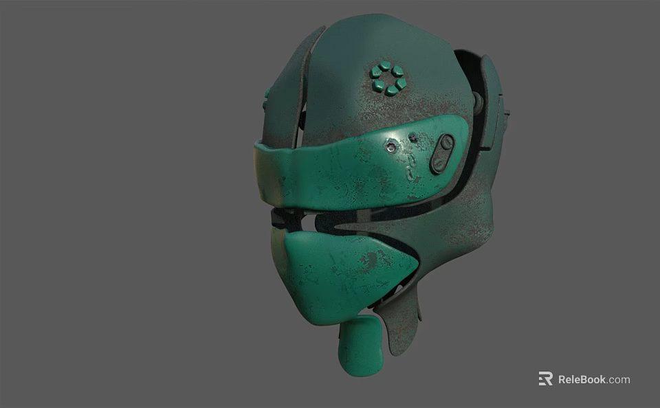 Green Mechanical Helmet With Vintage Design Worn Texture And Detailed Surface 3d model 