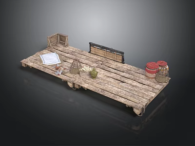 Wooden Plank Platform With Basket Blackboard Paper Wicker Basket Small Potted Plant Red Buckets 3d model