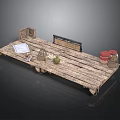 Wooden Plank Platform With Basket Blackboard Paper Wicker Basket Small Potted Plant Red Buckets
