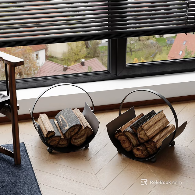 Decorative Ornament Set With Black Metal Frame Log Holders Stacked Firewood Window Side Natural View 3d model 