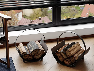 Decorative Ornament Set With Black Metal Frame Log Holders Stacked Firewood Window Side Natural View 3d model