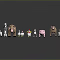 Farm Animal Character Models Including Pig Chicken Sheep Horse Standing On Reflective Surface