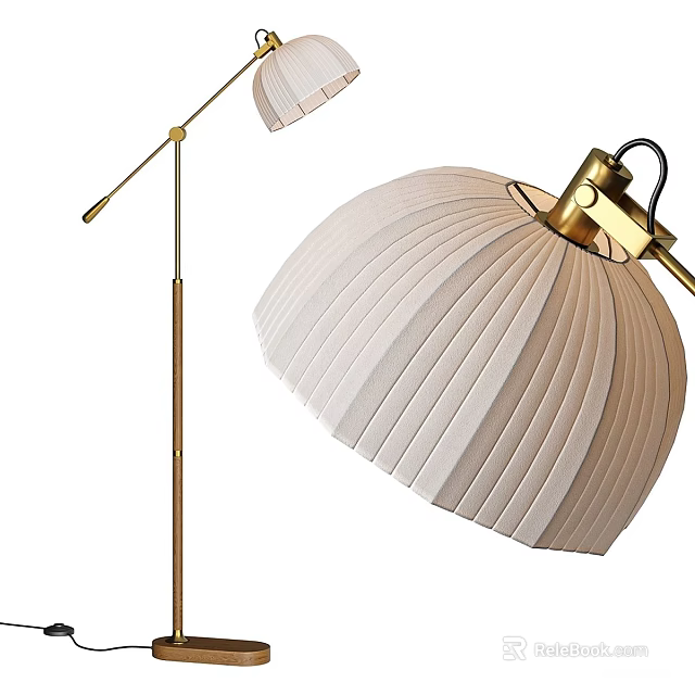 Modern Floor Lamp With Pleated Beige Fabric Shade And Gold Metal Stand 3d model 