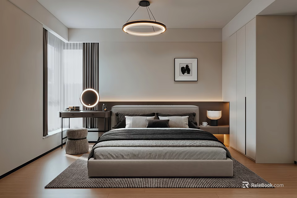 Modern Minimalist Bedroom Interior With Round Pendant Light Gray Rug And Wall Art 3d model 