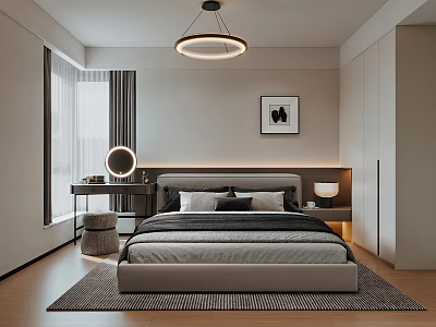 Modern Minimalist Bedroom Interior With Round Pendant Light Gray Rug And Wall Art 3d model