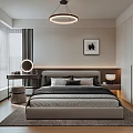 Modern Minimalist Bedroom Interior With Round Pendant Light Gray Rug And Wall Art