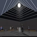Modern Interior Presentation Space With Geometric Ceiling Lighting Speaker On Platform And Audience Seated Around 3d model