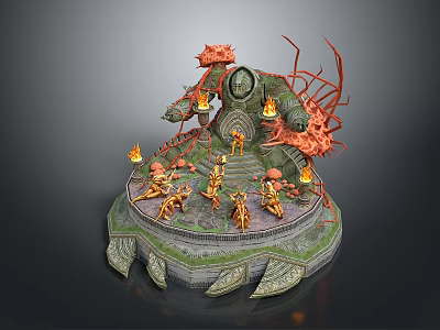 Elegant Commercial Equipment With Circular Platform Flames Statues Green Base And Claw Design 3d model