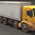 Yellow Cargo Truck With White Container Body And Multiple Wheels 3d model