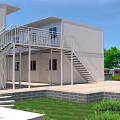White Two Storey Container Building With Windows Staircase Brick Wall And Flowers 3d model