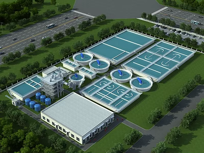Modern Large Scale Industrial Plant With Multiple Buildings Blue Roofs Green Surroundings And Parking Area 3d model