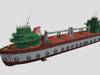 Green Superstructure Cargo Ship With Red Deck White Brown Hull Lifebuoys And Equipment 3d model