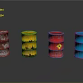 Rusty Red Yellow Red And Blue Oil Drums With Hazard Symbol On Black Reflective Surface