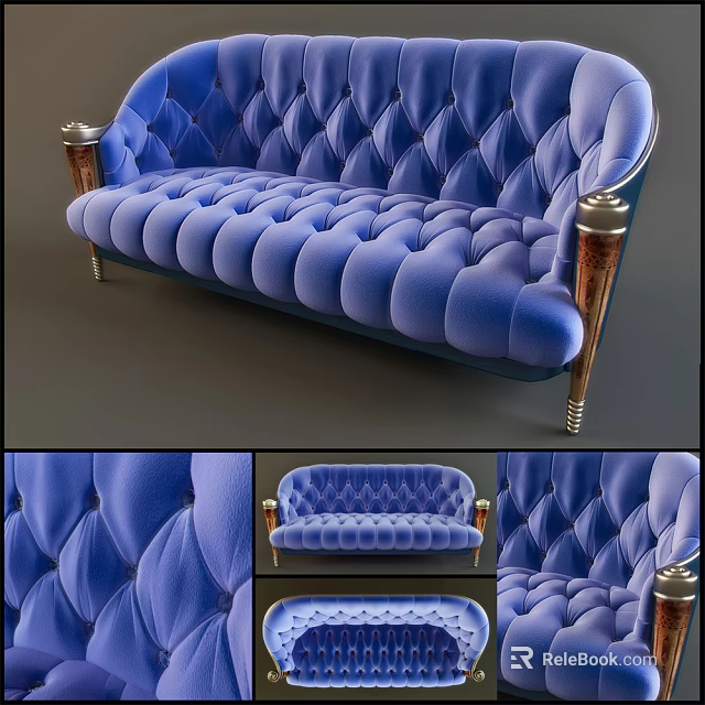 Luxurious Blue Three Seater Sofa With Tufted Design Curved Arms And Metal Legs 3d model 