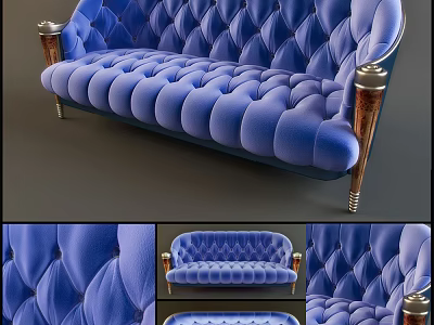 Luxurious Blue Three Seater Sofa With Tufted Design Curved Arms And Metal Legs 3d model