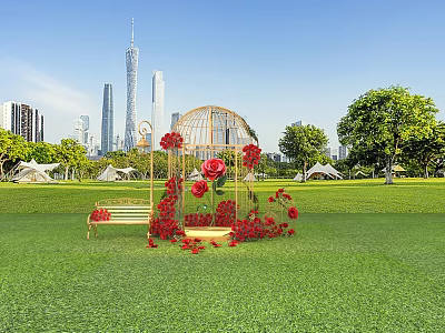 Floral Installation With Golden Birdcage Design Red Roses On Green Lawn And Urban Skyline Background 3d model