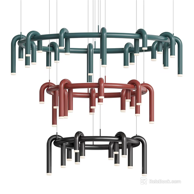 Modern Circular Multi Colored Chandelier with Curved Tubes and Hanging Bulbs 3d model 