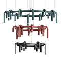 Modern Circular Multi Colored Chandelier with Curved Tubes and Hanging Bulbs