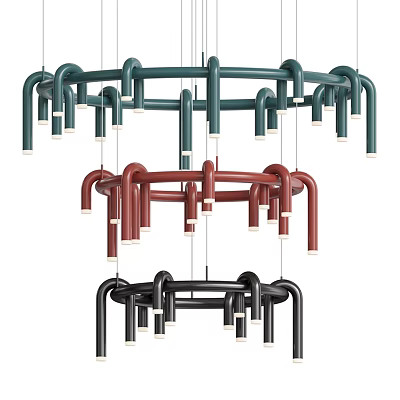 Modern Circular Multi Colored Chandelier with Curved Tubes and Hanging Bulbs 3d model