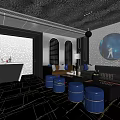 Modern KTV Lounge Interior with Blue Lighting Round Decor and Comfortable Sofas