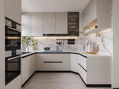 Modern Kitchen Interior With Light Gray Cabinets Marble Countertop Appliances And Green Plant 3d model