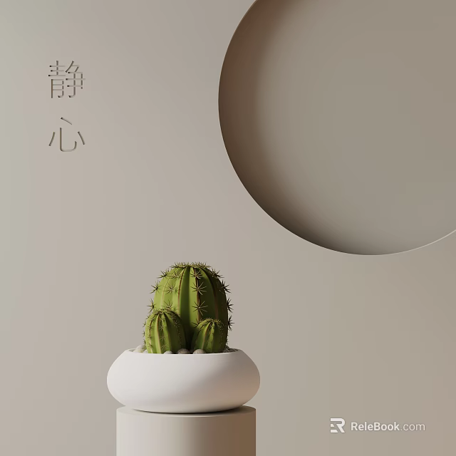Cactus Potted Plant In White Pot With Round Decor And Calm Beige Background 3d model 