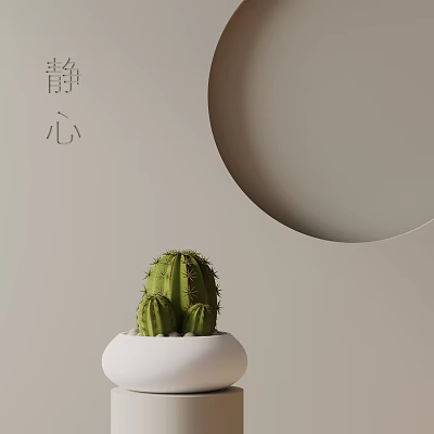 Cactus Potted Plant In White Pot With Round Decor And Calm Beige Background 3d model