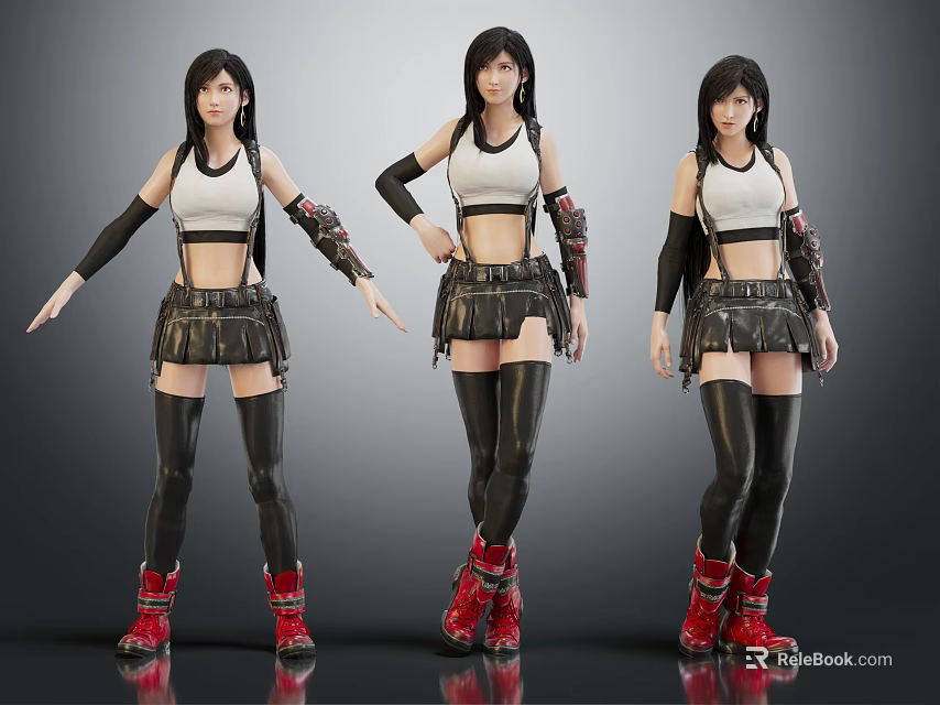Three 3D Female Character Models With White Crop Top Black Leather Skirt And Red Boots 3d model 