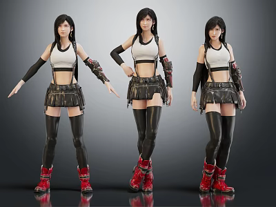 Three 3D Female Character Models With White Crop Top Black Leather Skirt And Red Boots 3d model