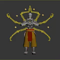 Silver Mechanical Character With Red Sash Yellow Energy Arms And Golden Orbs