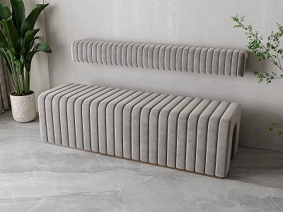Modern Gray Sofa Bench In Living Room With Vertical Striped Design And Potted Plants 3d model