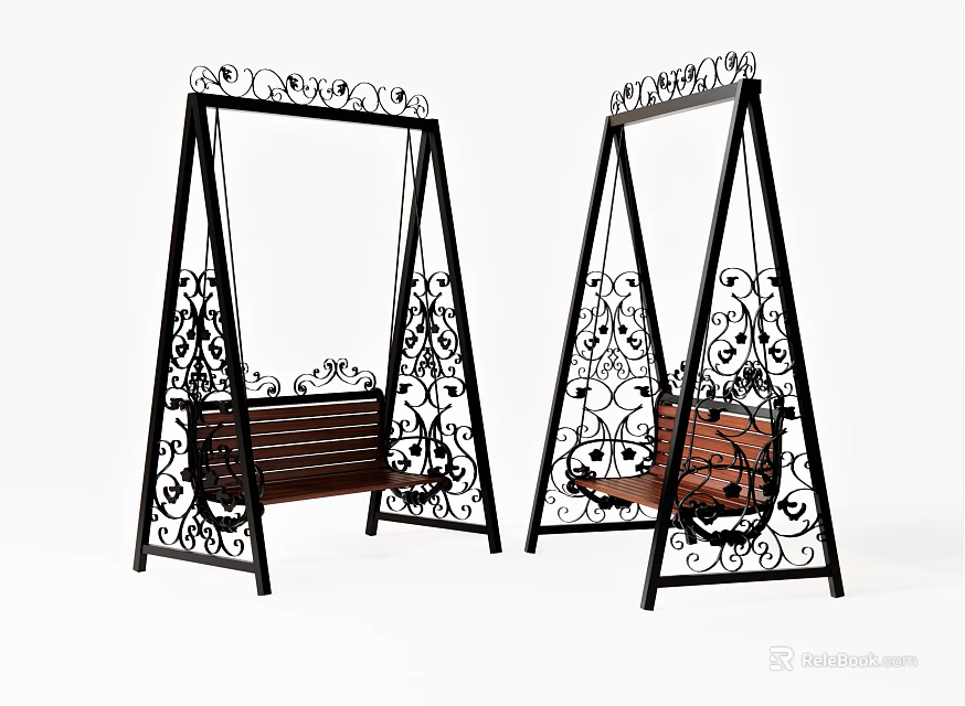 Ornate Black Iron Frame Swing Chairs With Wooden Bench And Woven Basket Seats 3d model 