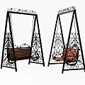 Ornate Black Iron Frame Swing Chairs With Wooden Bench And Woven Basket Seats