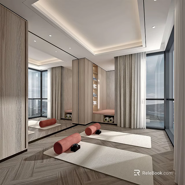 Modern Yoga Fitness Studio With Large Windows Wooden Decor And Mirrors 3d model 