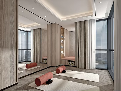 Modern Yoga Fitness Studio With Large Windows Wooden Decor And Mirrors 3d model