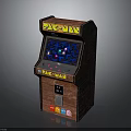 Retro Pac Man Arcade Machine Featuring Wooden Cabinet And Game Screen With Maze Characters
