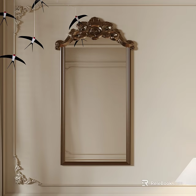 Ornate Gold Framed Mirror With Swallow Decorations On Light Colored Wall 3d model 