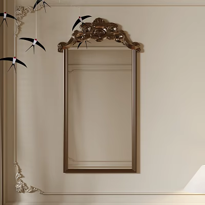 Ornate Gold Framed Mirror With Swallow Decorations On Light Colored Wall 3d model