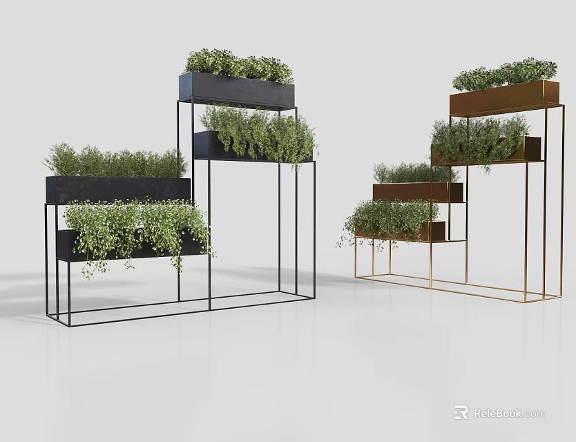 Bonsai Potted Plants On Modern Multi Tiered Metal Stands With Black And Gold Frames 3d model 