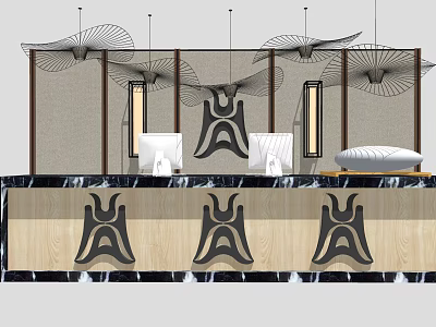 Modern Reception Desk With Marble And Wooden Panel Geometric Patterns Hanging Lights And Decorative Wall 3d model