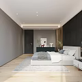 Modern Bedroom Interior With King Size Bed Dark Wooden Wall And Area Rug