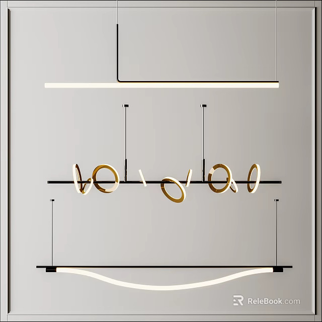 Modern Minimalist Chandelier Designs Featuring Gold Circular Rings Black Metal Bars And Curved Lines 3d model 