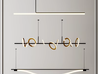 Modern Minimalist Chandelier Designs Featuring Gold Circular Rings Black Metal Bars And Curved Lines 3d model